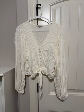 Express Cream V-Neck Button Front Tie Blouse